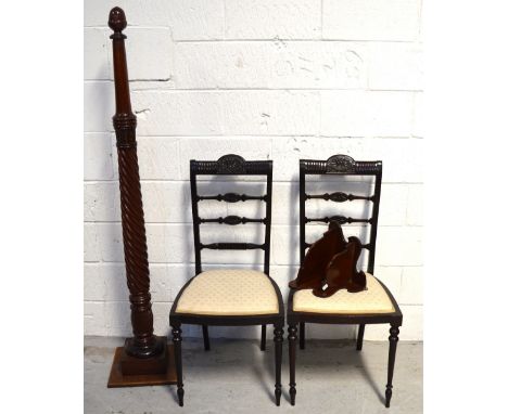 A pair of Edwardian mahogany dining chairs on front ring turned tapering legs, a Victorian mahogany coat/hat stand, acorn top