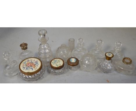 Four matching cut glass perfume bottles, a vintage bottle with ring and bubble glass stopper and a small quantity of cut glas