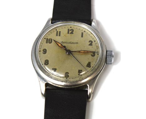 Jaeger LeCoultre; 1940s gentlemens military style watch, all stainless steel case, manual wind 17 jewel movement, cream satin