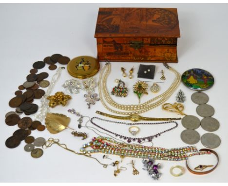 A wooden jewellery box decorated in Art Nouveau style, a quantity of costume jewellery to include vintage diamante necklaces,