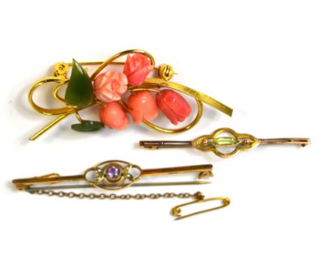 Two Edwardian yellow metal bar brooches, one set with central amethyst and seed pearls the other with lozenge shaped citrine,
