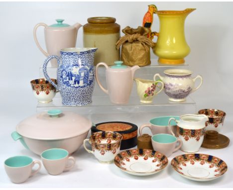 A retro Poole coffee set in turquoise and coffee palette and various matching plates and tureens, a Burleigh ware jug with pa