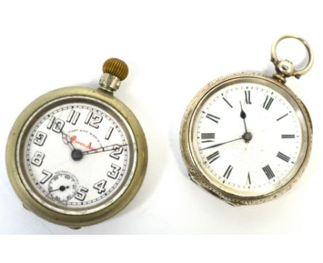 A Continental silver open face key wind pocket watch, enamel dial set with Roman numerals and a base metal crown wind pocket 