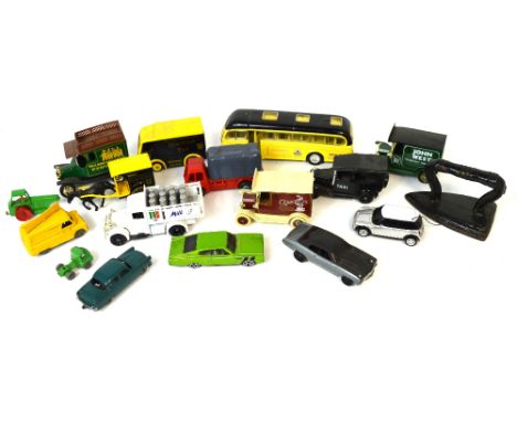 A small quantity of toy cars and vehicles to include Ford by Lesney, a Ledo PG Tips van, a tractor etc.