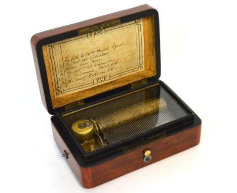 A late 19th century P.V.F. rosewood cased music box, with brass cylinder and single comb movement, playing six airs, winding 