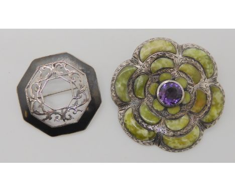 A silver Iona marble and amethyst set Scottish brooch bearing the hallmark for Chester 1955-6, together with a Siam niello br