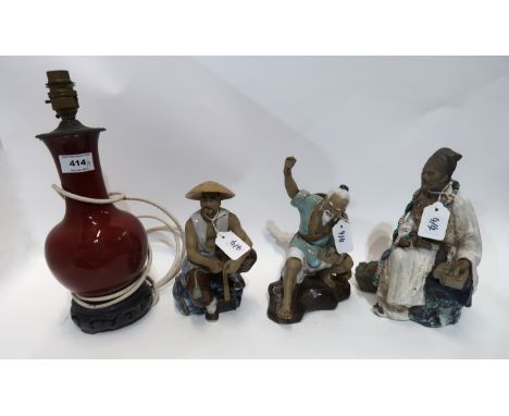 Three Oriental pottery figures and an ox blood glazed lamp Condition Report: Available upon request