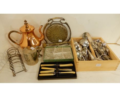 A tray lot - copper teapot, gong, cutlery etc. Condition Report: Available upon request