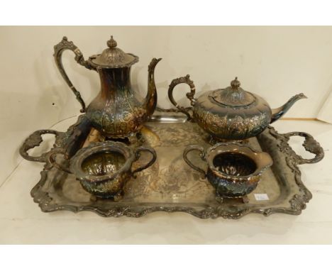 A lot comprising a 4 piece silver plated tea service &amp; a double handled serving tray Condition Report: Available upon req