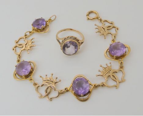 A 9ct gold amethyst set luckenbooth bracelet, with Glasgow hallmarks for 1962-3, length 18.5cm, made by James Crichton, toget