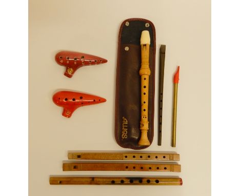 A lot comprising two clay ocarina pipes in the key of C, a Schott's recorder, a R Clarke tin whistle in D and other woodwind 