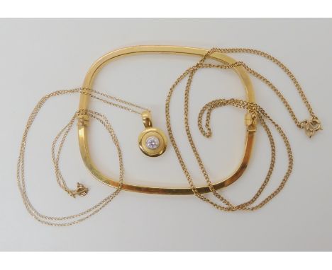 A 9ct gold bangle, a cz pendant and chain, length 46cm, together with a 9ct gold chain length 46cm, weight combined 11.4gms C