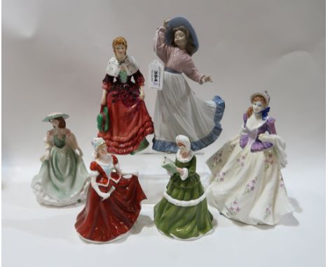 A Nao figure of a girl, two Doulton figures, a Paragon figure (AF) and two other figures Condition Report: all good except pa