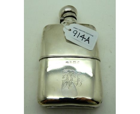 A silver hip flask, Birmingham 1904 14cm long 229 grams Condition Report: Two small dents in cap, inner sealing cork there bu