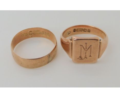 A 9ct rose gold signet ring, size N, and a 9ct wedding ring size R, weight together 7gms Condition Report: Available upon req