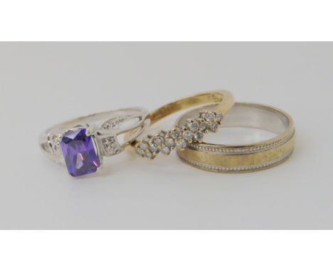 A 9ct gold diamond cluster ring size M1/2, a 9ct white gold purple gem and diamond accent ring size N1/2, together with a wed