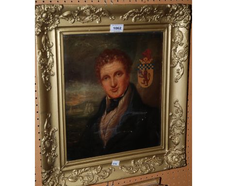 SCOTTISH SCHOOL Portrait of a gentleman, head and shoulders, with an armorial, oil on canvas, 35 x 31cm Condition Report: Ava
