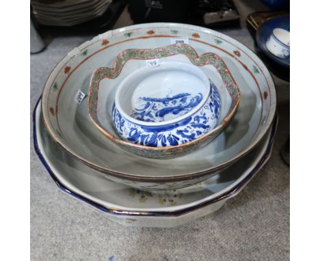 A Masons Ironstone Basin decorated with flowers and foliage, another Japanese craquelure basin with painted decoration of a c