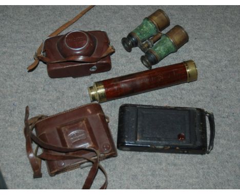 A pair of vintage binoculars, folding cameras, Ramsden telescope etc Condition Report: Available upon request