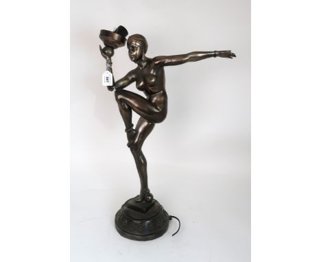 An Art Deco style metallic resin lady lamp Condition Report: some damage to fingers and no shade. 