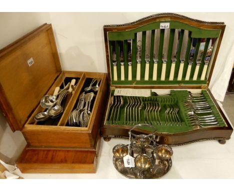 A lot comprising a stainless steel cutlery set in oak canteen, a fish cutlery set an egg epergne &amp; a box of loose cutlery