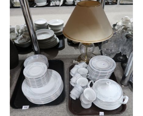 A Crown Ming Jiang Shiang pattern dinner service comprising tureen, serving plates, side plates, bowls etc, and a modern glas