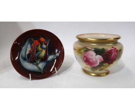 A Royal Worcester pot painted with roses and signed by Spilsbury, together with a Moorcroft trinket dish Condition Report: Av