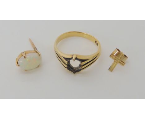 An 18ct gold ring mount, size R, weight 4.8gms, together with a single 9ct cross earring, and a tie stud set with an opal wei