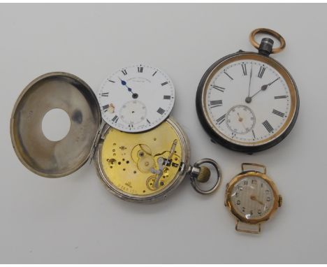 A silver half hunter pocket watch (af) a gun metal open face pocket watch and a gold plated ladies vintage watch head Conditi