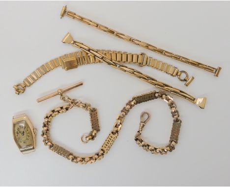 A 9ct gold ladies vintage Rolex watch head, a fancy watch chain stamped 'Bright Gold' and other items Condition Report: Avail