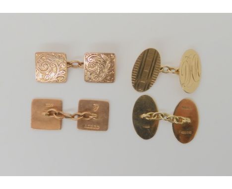 A pair of 9ct rose gold hand engraved cufflinks by G.H Johnson and a further pair with monogram and engine turned decoration,