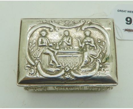 A continental silver snuff box with embossed figural decoration 7cm x 5cm Condition Report: Available upon request