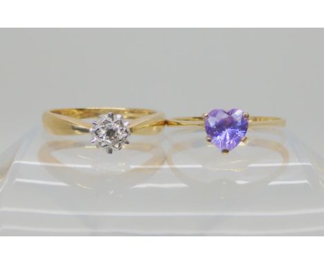 A 9ct gold, illusion set diamond solitaire ring size O, and a 9ct purple cz heart ring size N1/2, weight combined 4gms Condit