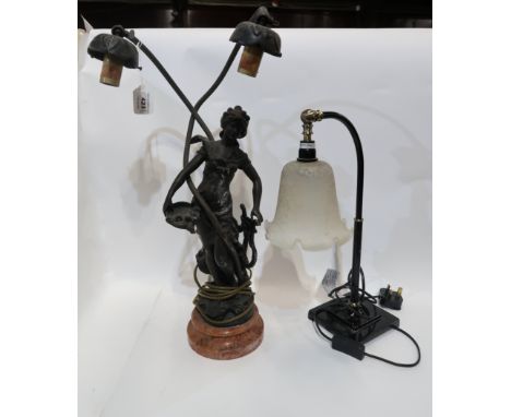 A French spelter lady lamp and another lamp Condition Report: Available upon request