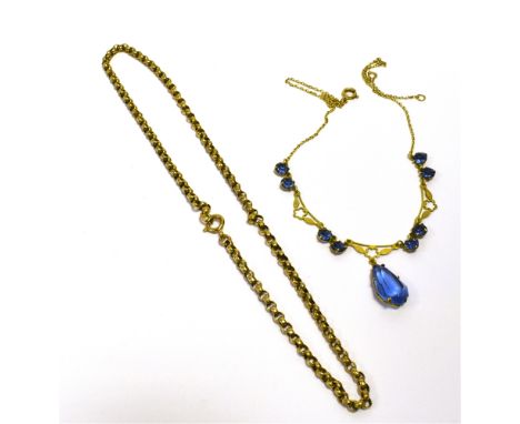 9CT GOLD CHAIN &amp; BLUE PASTE NECKLACE  Antique belcher link chain, 38cm long, 3.5mm wide with modern bolt ring clasp, stam