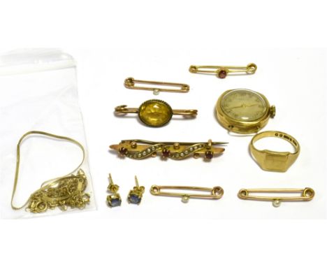 VARIOUS 9CT GOLD ITEMS  To include; gem and seed pearl set bar brooches, sapphire stud earrings, fine gold bracelets, signet 