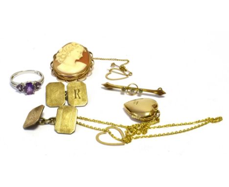 VARIOUS 9CT GOLD ITEMS  To include a heart shaped locket and chain, shell cameo with gold frame, bar brooch with paste stones