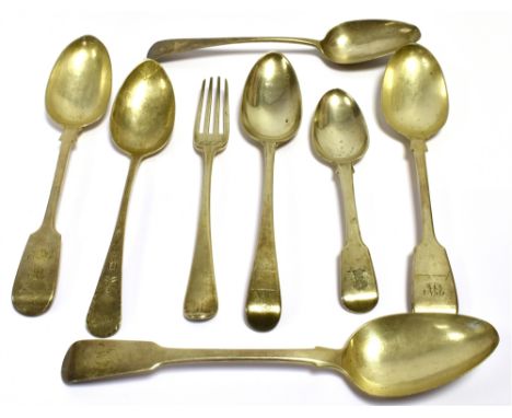 EARLY SILVER FLATWARE  To include fiddle shaped and Hanoverian spoons, hallmarked Exeter 1800, 1804 and London 1781, 1787, 18