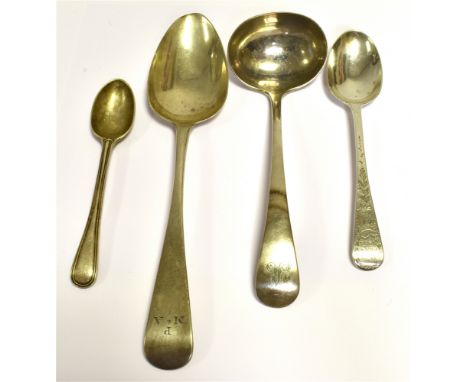 ANTIQUE SILVER SPOONS  One Georgian Hanoverian pattern provincial serving spoon, hallmarked Exeter 1818.  One ladle and one t