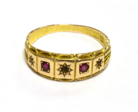 15CT GOLD RUBY &amp; DIAMOND GYPSY SET RING  Set with alternating senaille cut diamonds (two are missing) and round mixed cut