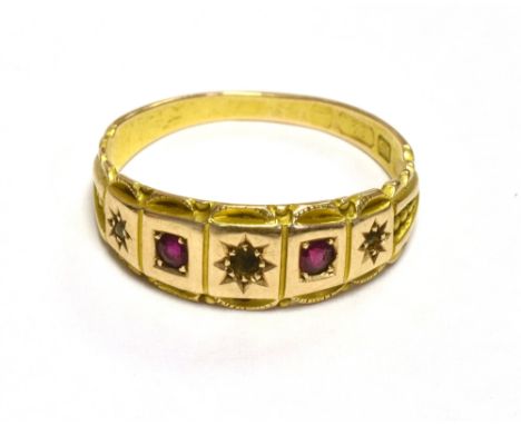 15CT GOLD RUBY &amp; DIAMOND GYPSY SET RING  Set with alternating senaille cut diamonds (two are missing) and round mixed cut