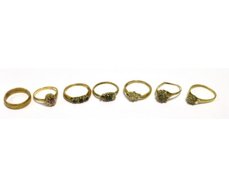 VARIOUS 9CT GOLD &amp; GEM SET RINGS  To include sapphire, aquamarine and amethyst set cluster rings, a CZ set floral cluster