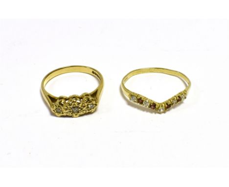 9CT GOLD DIAMOND &amp; CZ RINGS  One illusion set with round brilliant cut diamonds, one wishbone shaped set with cubic zirco