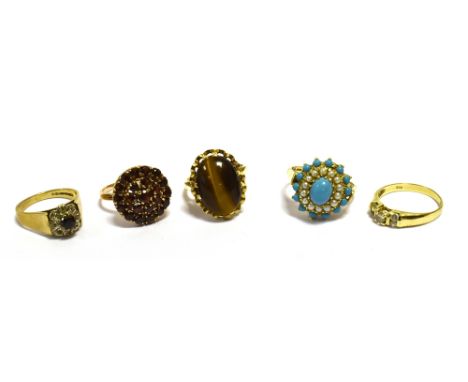 VARIOUS 9CT GOLD &amp; GEM SET RINGS  To include in 9ct gold; an oval tiger's eye cabochon, garnet set tiered cluster, turquo