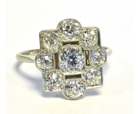 ART DECO &amp; ESTATE CUT DIAMOND RING  Set in platinum, pierced geometric mount, mille grain set with old European cut diamo