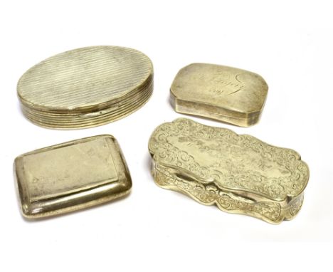 GEORGIAN SILVER PATCH/SNUFF BOXES  Two Georgian patch boxes, one with gilded interior, hallmarked London 1800.  Plus two late