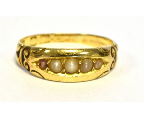 ANTIQUE 18CT GOLD SEED PEARL RING  5.4mm wide head with grain set half pearls, (one is damaged), scroll engraved shoulders, h