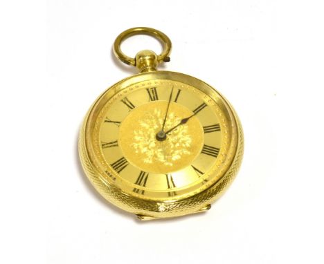 18CT GOLD LADIES OPEN FACE POCKET WATCH  33.9mm diameter, engine turned decoration to case, finely engraved dial centre and c