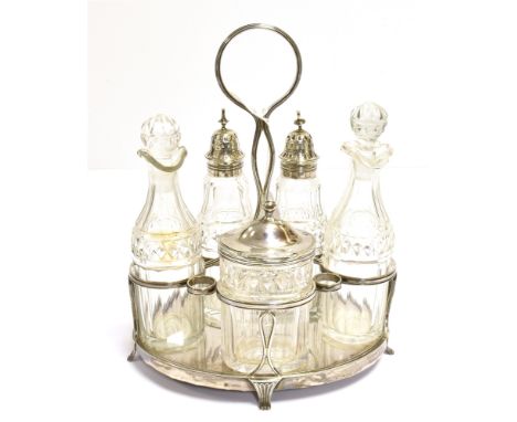 GEORGIAN SILVER FIVE BOTTLE CRUET SET  Stand approx 24cm tall x 11.5cm wide, silver mounted with hardwood base, complete with