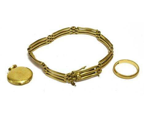 VARIOUS 9CT GOLD ITEMS OF JEWELLERY  To include; a 17cm long, 3 bar gate link bracelet (safety chain is broken), a plain gold